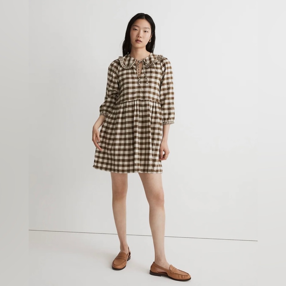Madewell Gingham Collared Puff-Sleeve Mini Dress - Size Medium NWT